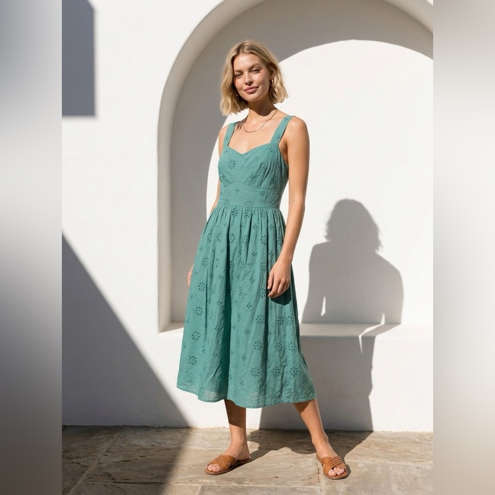 J Crew Sleeveless Green Eyelet Midi Dress